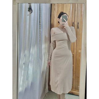 Đầm body thun gân tay dài trễ vai ( Hoả tốc HCM )