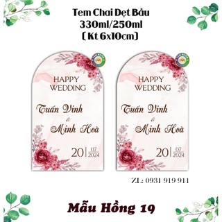 Tem Nhãn dán chai nước đám cưới mẫu Hồng 19