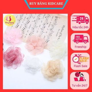 Hoa voan, hoa cài áo, hoa hồng voan nhũ kidcare 9cm, hoa dùng làm hoa cài áo, handmade, trang trí tóc, nơ kẹp tóc