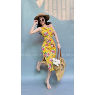 Váy Fleur - bộ sưu tập hoa vàng váy body hoa xếp ly eo xẻ tà tôn dáng Emera