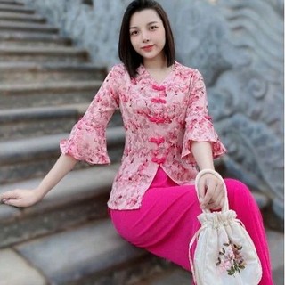 Set bộ bà ba lụa mango hoa tay loe đồ lam đi chùa nữ nhiều màu