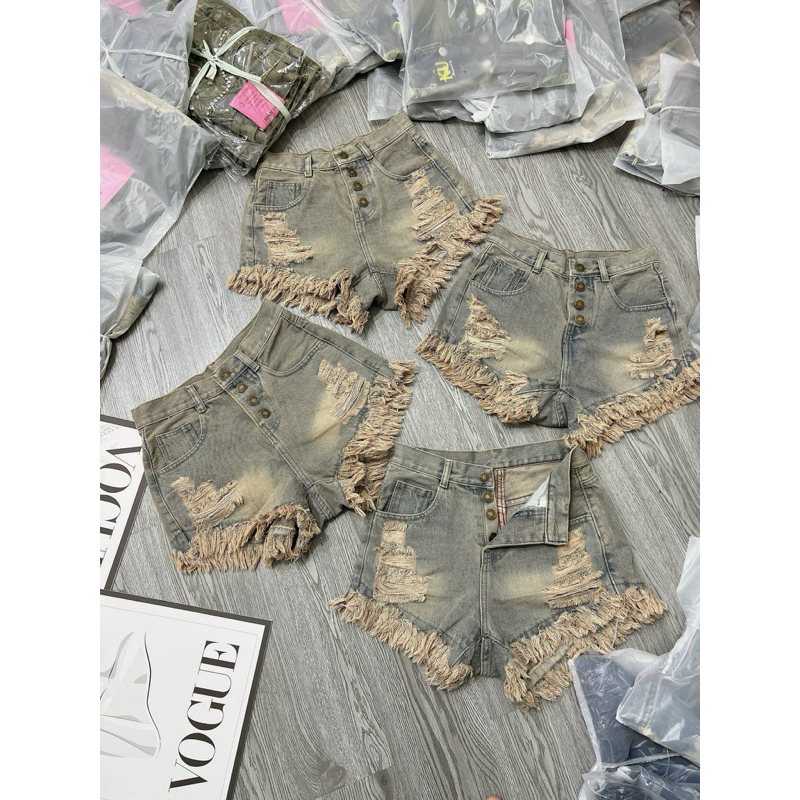 short jean cạp cao xanh bụi 4 cúc ( sẵn )