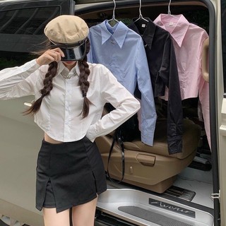 Áo sơ mi dáng croptop vạt nhọn basic nhiều màu siêu xinh , Áo sơ mi cổ đức dáng lỡ hottrend