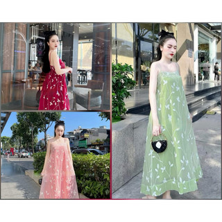  Váy maxi tơ thêu 2 lớp cao cấp, đầm bigsize đi chơi đi biển