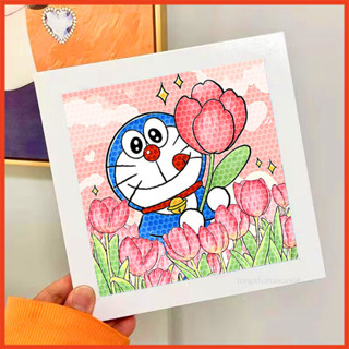 Tranh Đính Đá Đô Rê Mon Cầm Hoa TuLip Theo Yêu Cầu, Tranh Gắn Đá Mini 5D Tự Hoàn Thành, Tăng Khả Năng Cho Bé