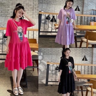 Váy bầu, đầm bầu cộc tay babydoll 3 tầng hình cô gái chất vải cotton M122
