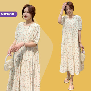  Đấm Váy Babydoll Suông Tay Bồng MICHOO Cổ Tròn Hoạ Tiết Hoa Nhí 2 Màu 