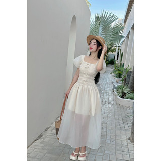 Maxi nude tay phồng smocking
