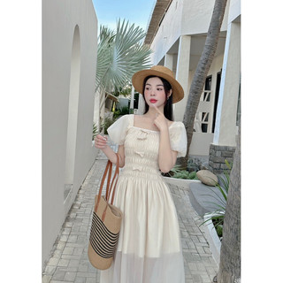 Maxi nude tay phồng smocking