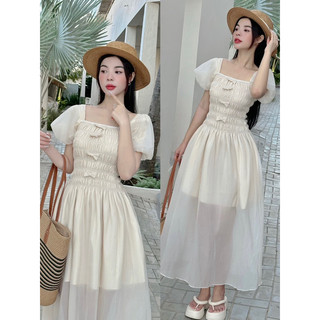 Maxi nude tay phồng smocking