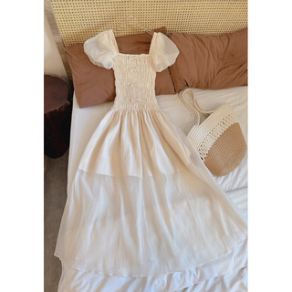 Maxi nude tay phồng smocking