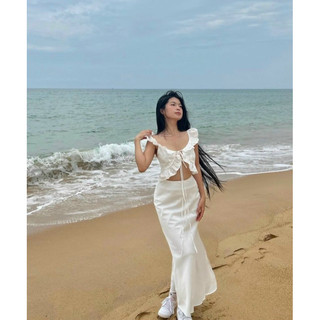 Set crop trắng bèo tay cánh tiên cột dây + cv midi