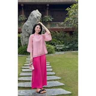 Set bộ nữ thời trang mặc đi lễ chùa áo chất voan 2 lớp thiết kế cổ tròn tay lỡ mix quần dài lụa nhung ống rộng mát mẻ