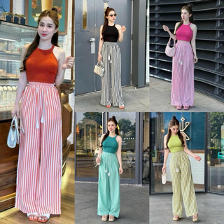 Sét bộ thể thao xu hướng dễ thương áo chất thun gân 3 lỗ cổ yếm crotop ngắn ôm mix quần suông sọc lennin 5 màu