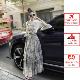  Set áo phông họa tiết nữ kèm chân váy xếp ly hoa dáng dài maxi tiểu thư bánh bèo đi biển 