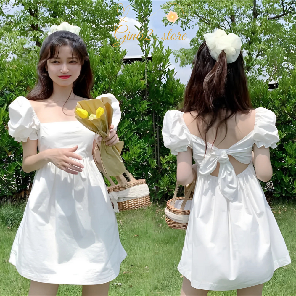 Váy đi biển - Đầm dự tiệc hở lưng có mút ngực thắt nơ lưng, phong cách basic cho mùa hè Gin62.store