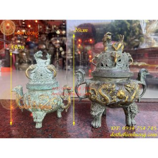 Lư xông trầm song long chầu nguyệt màu xanh giả cổ 2 cỡ cao 14cm và 20cm