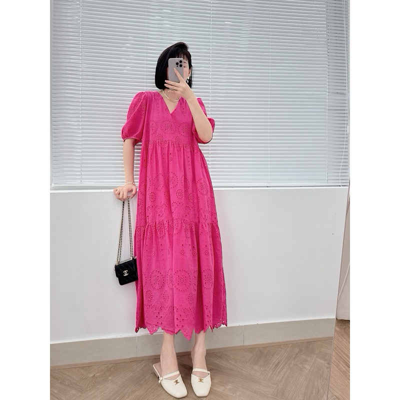Đầm babydoll dáng dài chất boi thêu hoa. Váy dáng rộng thô boi thoáng mát