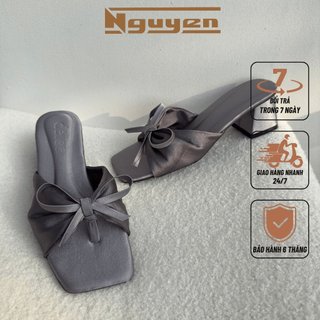 Guốc nữ chất lụa quai đính nơ 5p hở mũi Nguyễn Gia N153