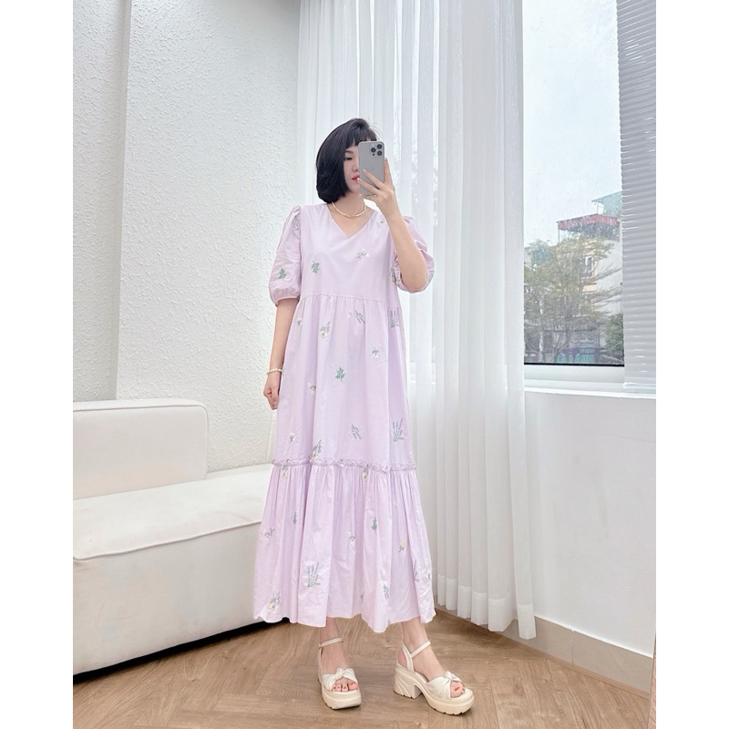 Đầm maxi thô thêu hoa dáng dài. Váy thêu dáng rộng babydoll freesize dưới 68kg