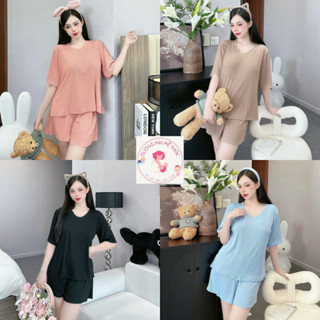 Set Bộ Quần Áo Đùi Cổ Tim Cộc Tay Chất Thun Gân Mặc Nhà Mặc Ngủ Big Size Co Giãn Tốt (Bầu Bí Bon Chen Thoải Mái)