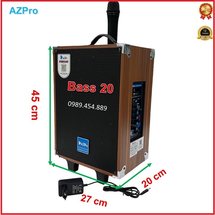 Loa kéo Bluetooth chính hãng AZPRO,AZ-8, bass 20,tặng 1 mic không dây,thùng gỗ cao cấp