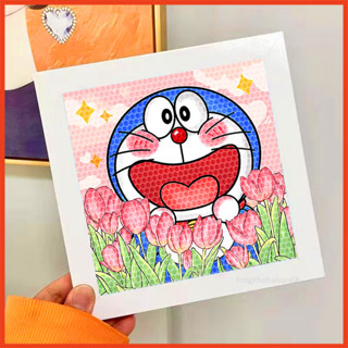 Tranh Đính Đá Đô Rê Mon Cầm Hoa TuLip CuTe, Tranh Gắn Đá Mini 5D Tự Hoàn Thành, Tăng Khả Năng  Tập Chung Cho Bé