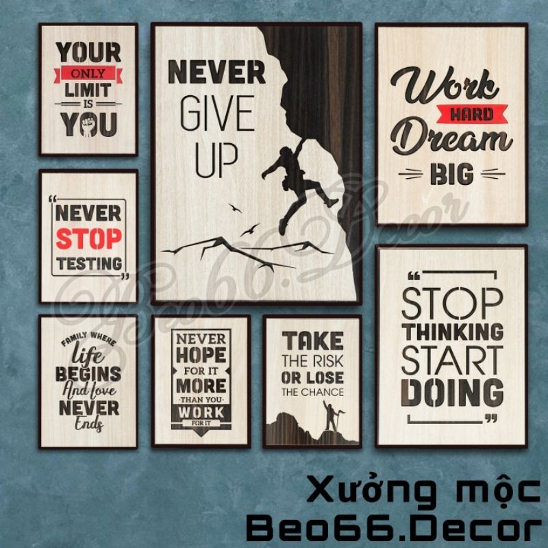 Tranh treo tường Slogan bằng gỗ, Tranh decor Tiếng anh tạo động lực trang trí văn phòng Beo66.Decor
