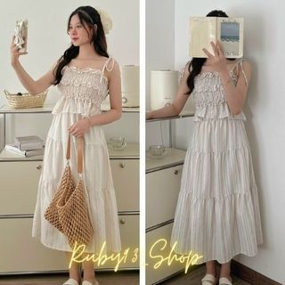 Sét xinh - sét áo 2 dây nhún ngực kẻ sọc kèm chân váy midi dáng dài, sét áo hai dây chun ngực mix chân váy dài