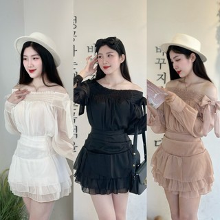 Set chân váy áo trễ vai đính nơ phong cách tiểu thư cách điệu _ Anh Thư
