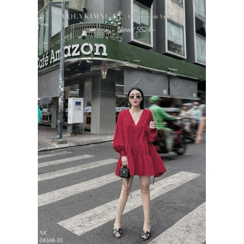 Đầm xòe cổ V kate ( đỏ tươi )