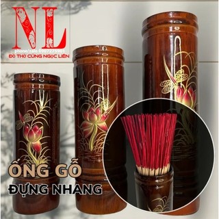 Ống đựng nhang gỗ tràm hoa văn sen chạm nổi