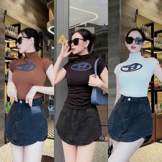 ÁO THUN CROPTOP CỔ LỌ NGẮN TAY IN CHỮ LOGO XINH LNCHUB