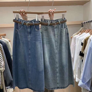 Chân váy jeans dáng Midi kiểu váy chữ A kèm đai 9033