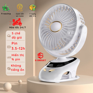 Quạt mini tích điện pin lên đến 12h, 5 chế độ gió, quạt để bàn kết hợp kẹp cao cấp, có màn