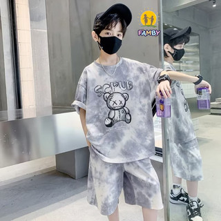 Bộ cộc tay thể thao bé trai loang màu in gấu FAMBY set quần áo mùa hè size đại thời trang trẻ em