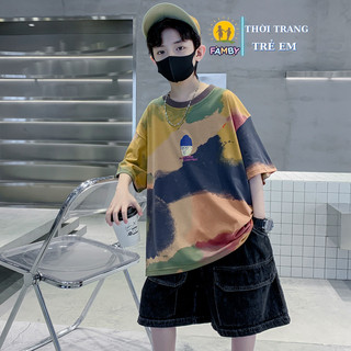 Áo thun from rộng bé trai bé gái FAMBY áo tay lỡ unisex loang màu mùa hè trẻ em