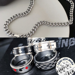 (tặng kèm nhẫn) Combo 2 sản phẩm Dây chuyền 8mm cuban titan + Nhẫn xoay họa tiết ngẫu nhiên MAMA KING