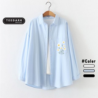 Áo sơ mi nữ vải đũi in HOA CÚC by TEEDARK, Áo sơ mi form rộng dài có túi trước ngực -Mã TDPT694