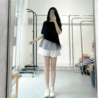 S005 - (40-68kg) Set áo thun phối lưới + quần sooc nữ Dynota cực xinh vải Umi cao cấp
