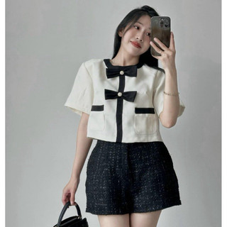 Set áo croptop kem xốp viền đính nơ + quần short đen dạ tweed / set áo dạ đính 2 nơ đen + quần đen dạ xước