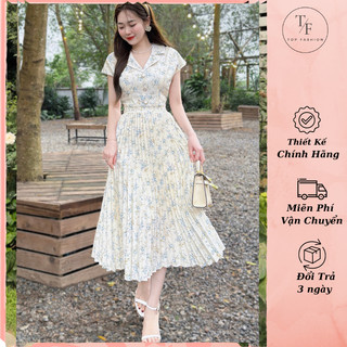 Váy hoa xếp ly cổ sơ mi dáng dài thiết kế thanh lịch cao cấp - Đầm hoa nhí thiết kế tôn dáng sang trọng