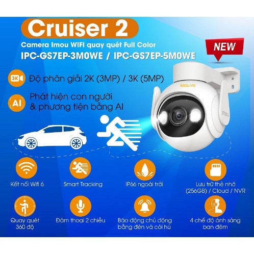 Camera wifi ngoài trời IMOU Cruiser 2 3MP/ 5MP IPC-GS7EP-5M0WE, xoay 360 độ, theo dõi đối tượng, qua