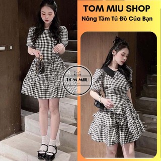 Đầm xòe kẻ caro phối cổ bẻ đen tay ngắn tommiu shop