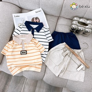  Bộ MIIN cotton mềm mát cho các bé trong mùa HÈ 2024 gồm quần và áo kẻ sọc cổ bẻ cho bé từ 8-28kg
