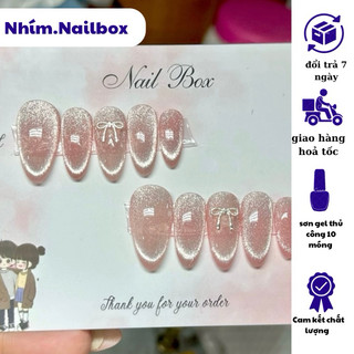 Nail box móng úp thiết kế mắt mèo tặng keo và dũa móng tay giả đính nơ