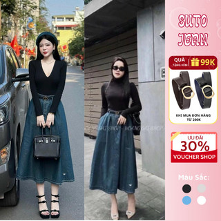 Chân váy jean dài ❤️𝑭𝑹𝑬𝑬𝑺𝑯𝑰𝑷❤️ váy jean dáng dài cạp rộng bụng phong cách thanh lịch HN25 JEANSUTO