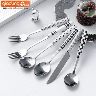 【Xả Kho】Bộ Đũa Dao Ăn Steak - Nĩa Thìa Muỗng Cán Sứ Sang Trọng Inox 401 LAZYDO Mạ Vàng 24K (LZ-0631)