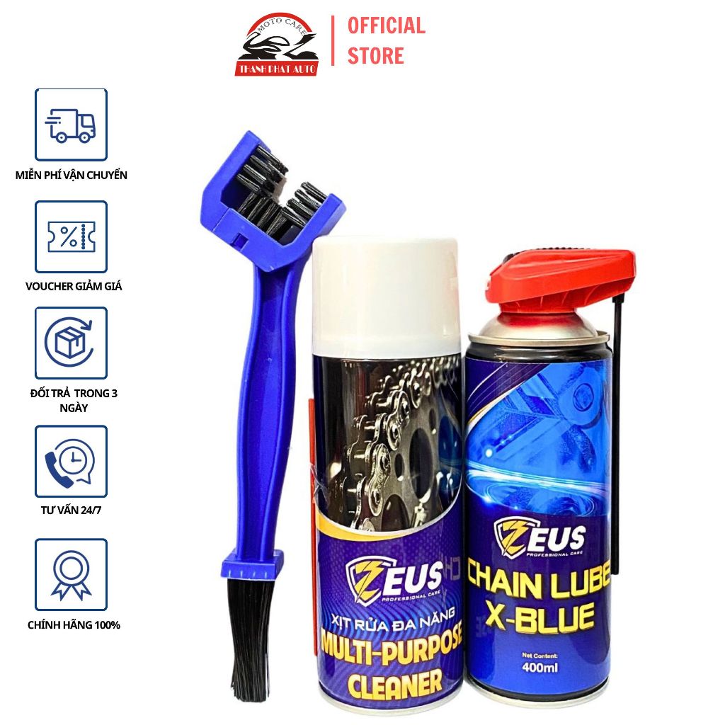 Combo dưỡng sên Zeus Chain Lube X-Blue 400ml Rửa sên Zeus Chain Cleaner 400ml Tặng bàn chải vệ sinh