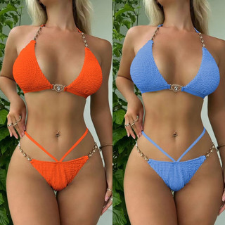 Set bikini xanh blue/cam neon khuy tim mix đá dây eo vải gân